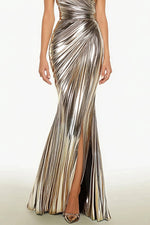 Evening Dress Silver Metallic Pleated One-Shoulder Slit Maxi Mermaid Dress