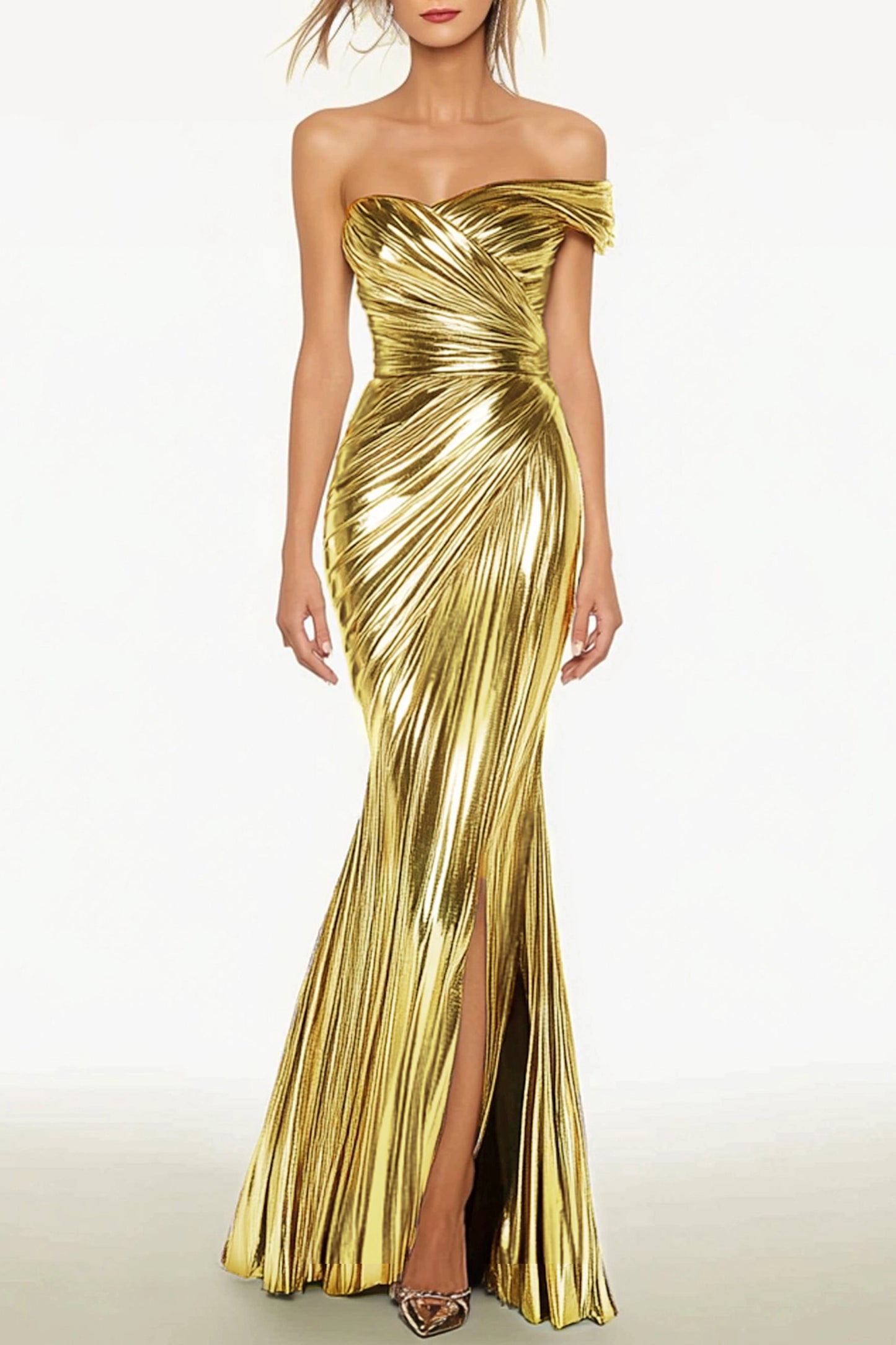 Evening Dress Silver Metallic Pleated One-Shoulder Slit Maxi Mermaid Dress