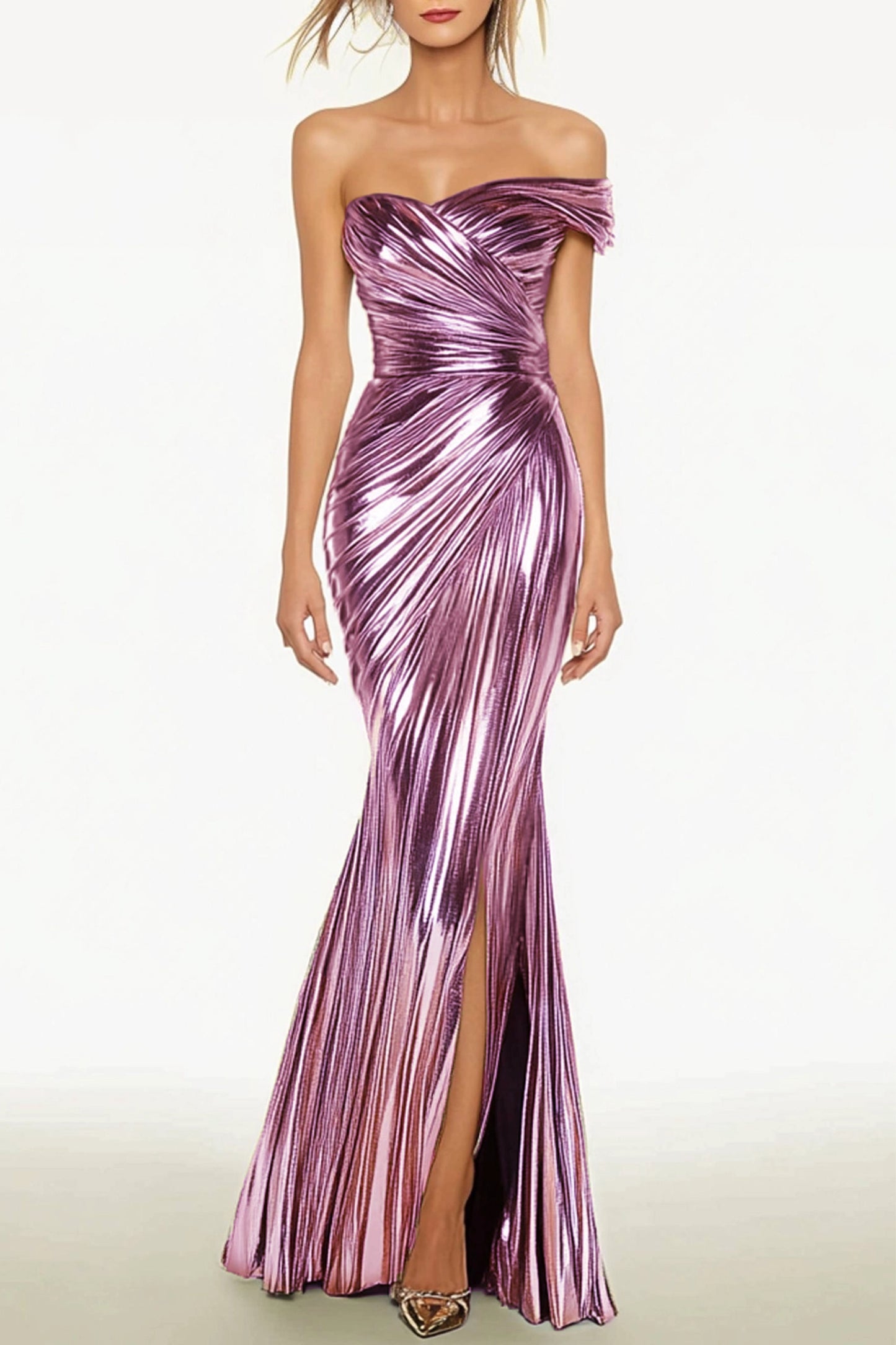 Evening Dress Silver Metallic Pleated One-Shoulder Slit Maxi Mermaid Dress
