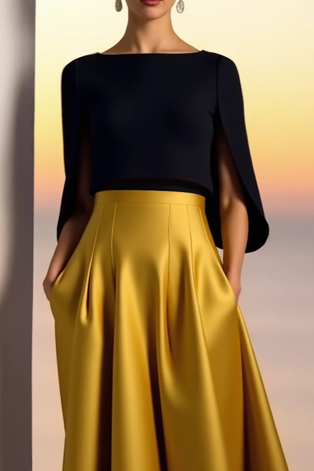 Evening Formal Dress Golden A-Line Crew Neck Satin Maxi Dress