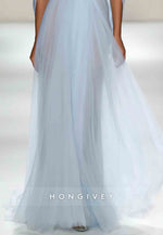 Light Blue Tulle Mesh Sequin Formal Dress Floor-Length Mermaid Evening Gown