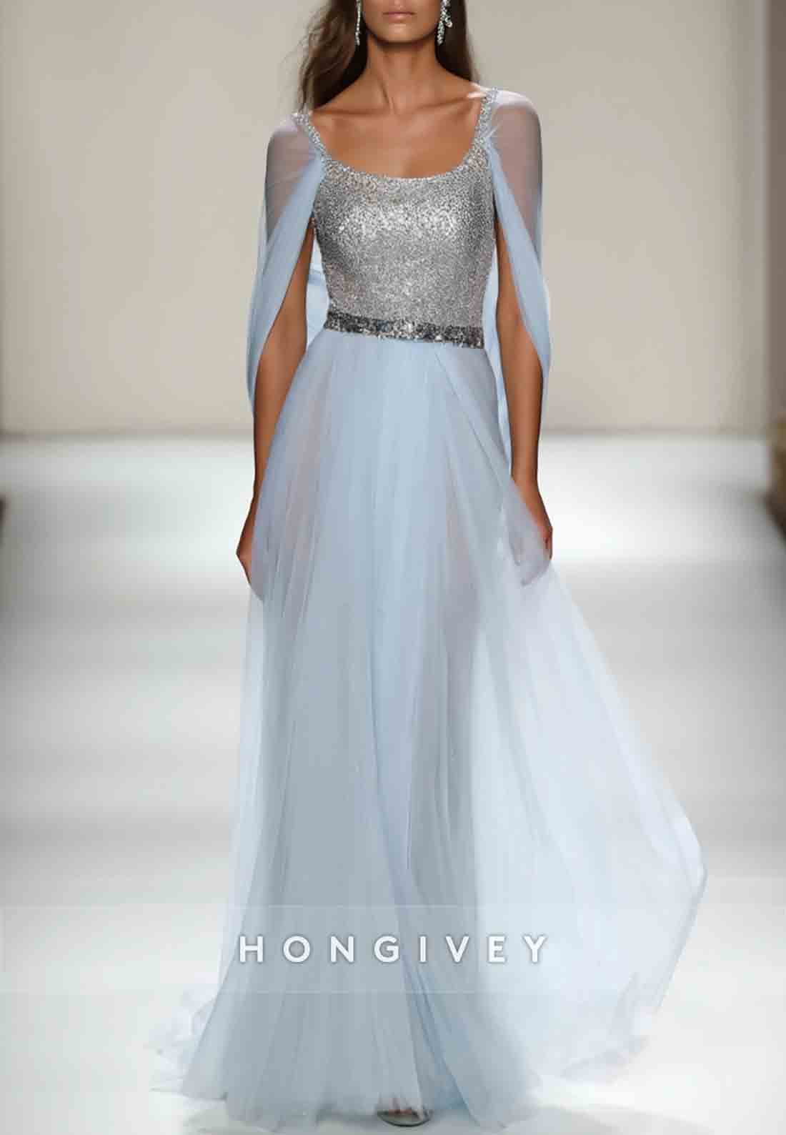Light Blue Tulle Mesh Sequin Formal Dress Floor-Length Mermaid Evening Gown