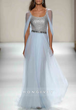 Light Blue Tulle Mesh Sequin Formal Dress Floor-Length Mermaid Evening Gown