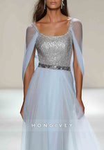 Light Blue Tulle Mesh Sequin Formal Dress Floor-Length Mermaid Evening Gown