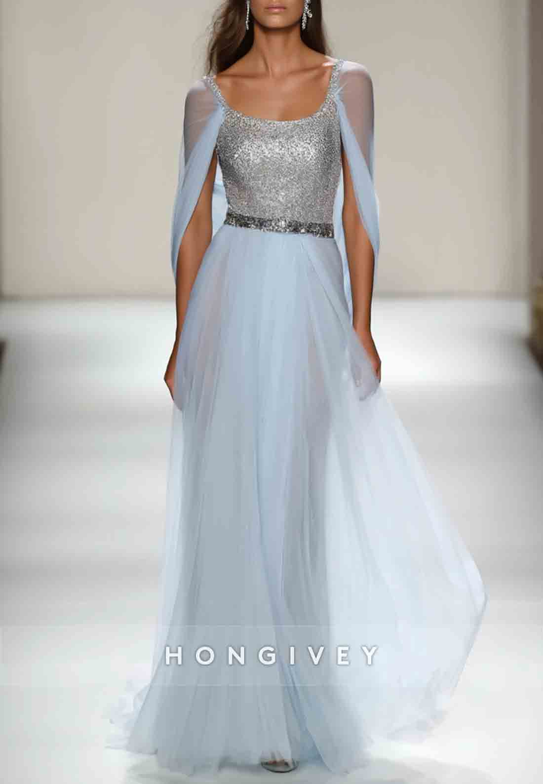 Light Blue Tulle Mesh Sequin Formal Dress Floor-Length Mermaid Evening Gown