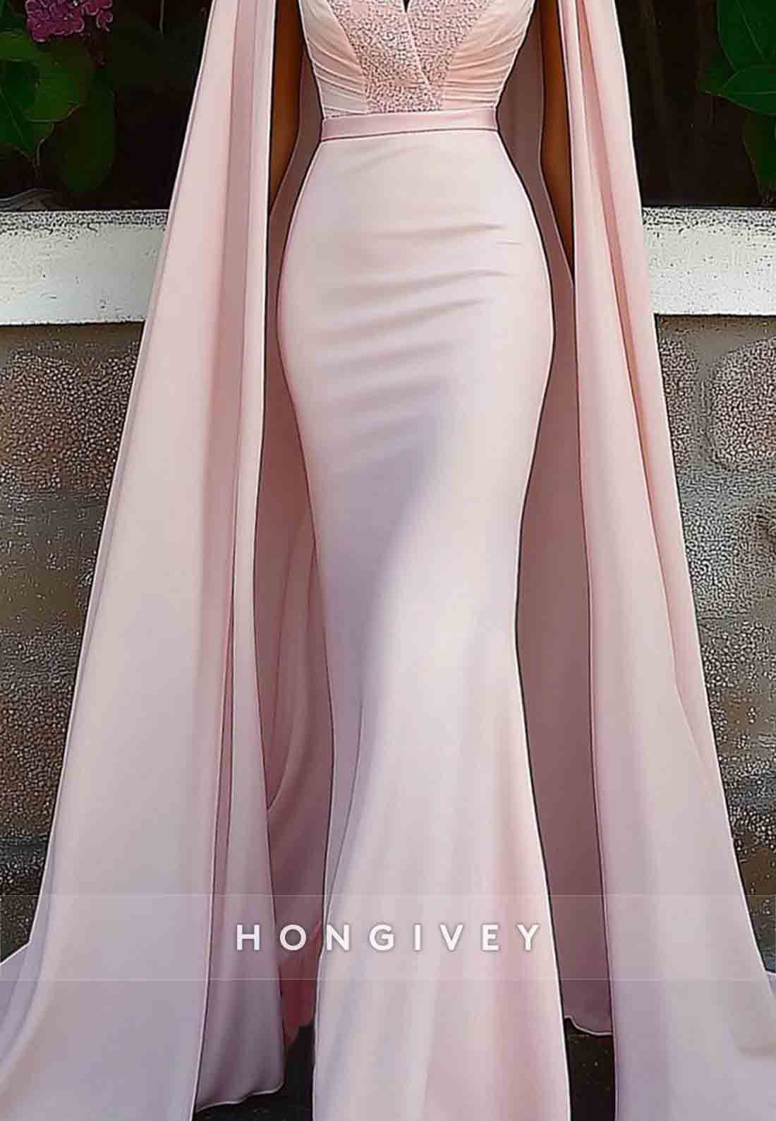 V-Neck Evening Formal Dress With Cape Jacquard Mermaid Maxi Gown