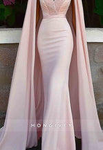 V-Neck Evening Formal Dress With Cape Jacquard Mermaid Maxi Gown