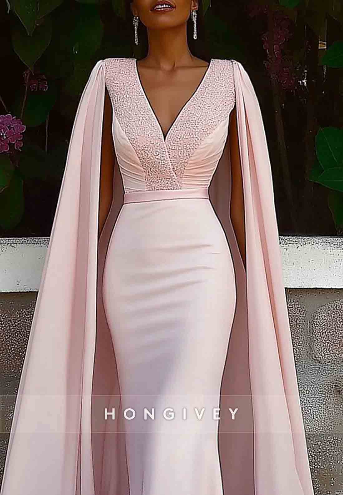 V-Neck Evening Formal Dress With Cape Jacquard Mermaid Maxi Gown