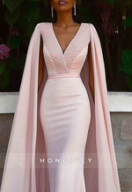 V-Neck Evening Formal Dress With Cape Jacquard Mermaid Maxi Gown