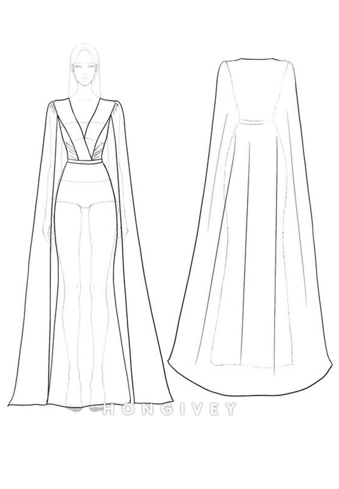 V-Neck Evening Formal Dress With Cape Jacquard Mermaid Maxi Gown