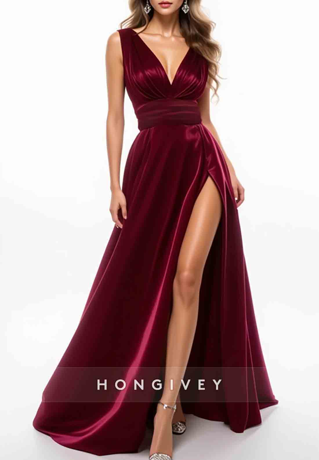 Burgundy Sleeveless Low V-Neck High Slit Floor-Length Evening Formal Gown