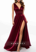 Burgundy Sleeveless Low V-Neck High Slit Floor-Length Evening Formal Gown