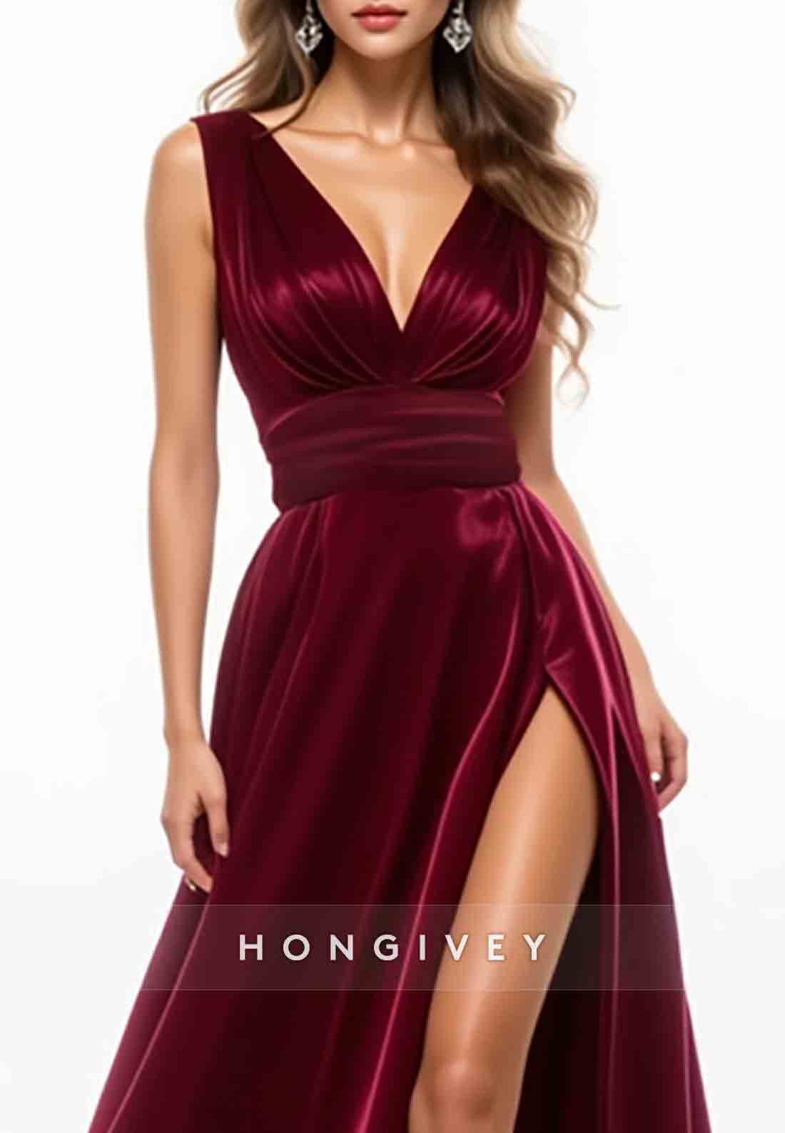 Burgundy Sleeveless Low V-Neck High Slit Floor-Length Evening Formal Gown