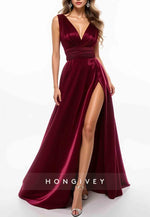Burgundy Sleeveless Low V-Neck High Slit Floor-Length Evening Formal Gown