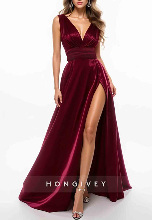 Burgundy Sleeveless Low V-Neck High Slit Floor-Length Evening Formal Gown