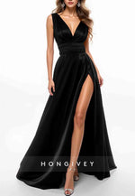 Burgundy Sleeveless Low V-Neck High Slit Floor-Length Evening Formal Gown