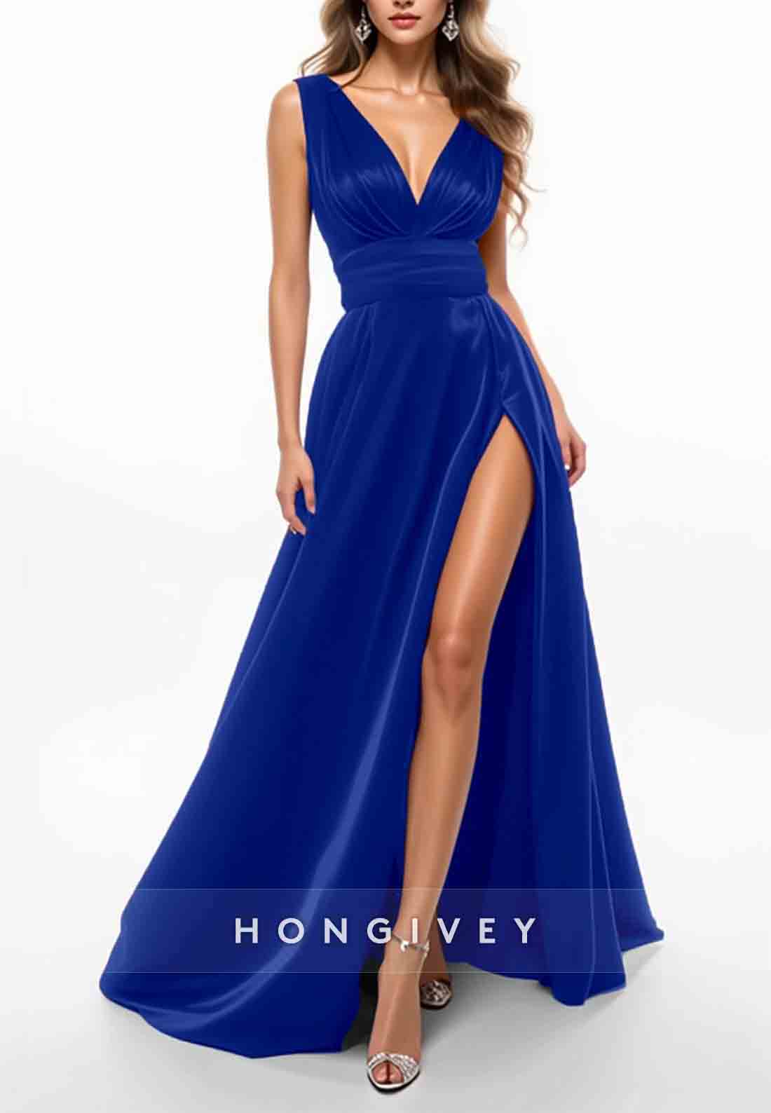 Burgundy Sleeveless Low V-Neck High Slit Floor-Length Evening Formal Gown