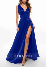 Burgundy Sleeveless Low V-Neck High Slit Floor-Length Evening Formal Gown