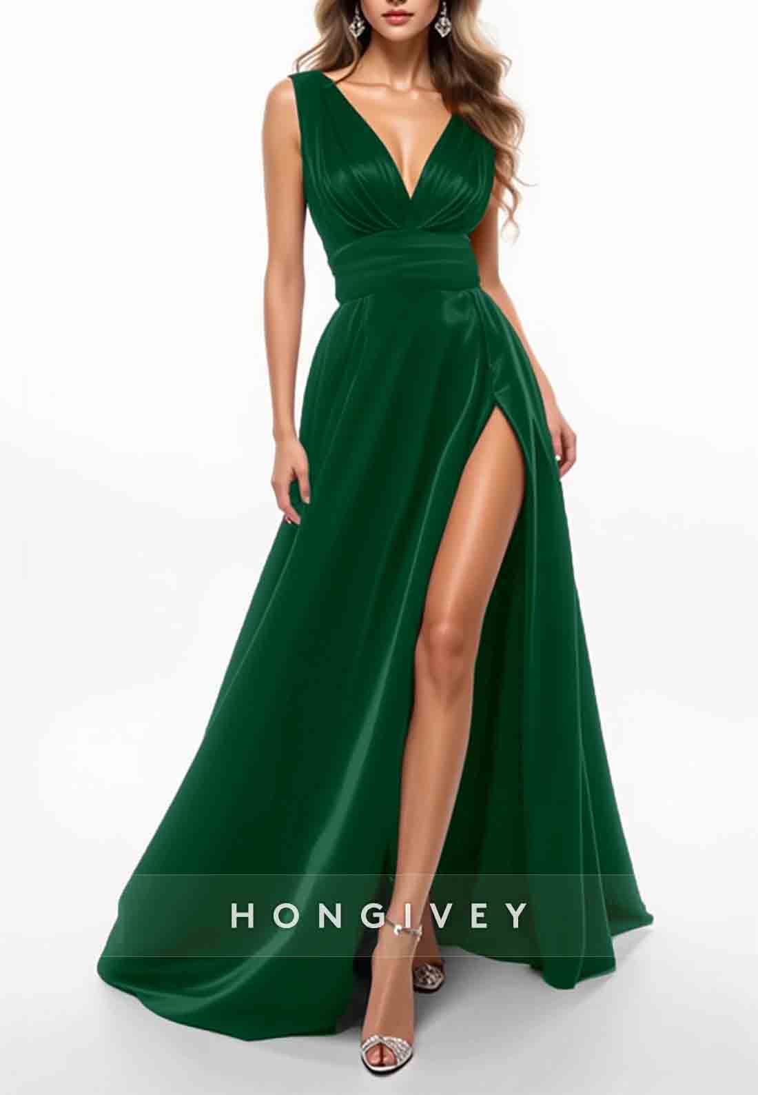 Burgundy Sleeveless Low V-Neck High Slit Floor-Length Evening Formal Gown