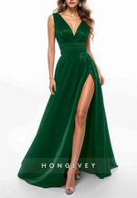 Burgundy Sleeveless Low V-Neck High Slit Floor-Length Evening Formal Gown