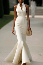 Evening Formal Mermaid Dress White V Neck Sheath Maxi Dress