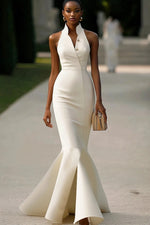 Evening Formal Mermaid Dress White V Neck Sheath Maxi Dress