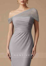 One Shoulder Evening Gowns Floor-Length Glitter Pleated Mermaid Maxi Dress