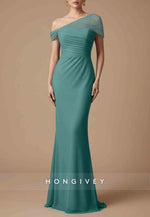 One Shoulder Evening Gowns Floor-Length Glitter Pleated Mermaid Maxi Dress