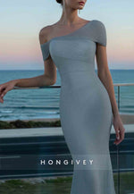 One Shoulder Evening Gowns Floor-Length Glitter Pleated Mermaid Maxi Dress