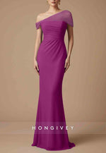 One Shoulder Evening Gowns Floor-Length Glitter Pleated Mermaid Maxi Dress