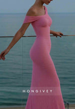 One Shoulder Evening Gowns Floor-Length Glitter Pleated Mermaid Maxi Dress