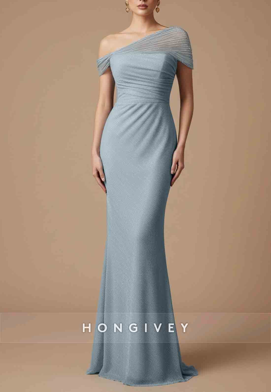 One Shoulder Evening Gowns Floor-Length Glitter Pleated Mermaid Maxi Dress