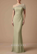 One Shoulder Evening Gowns Floor-Length Glitter Pleated Mermaid Maxi Dress