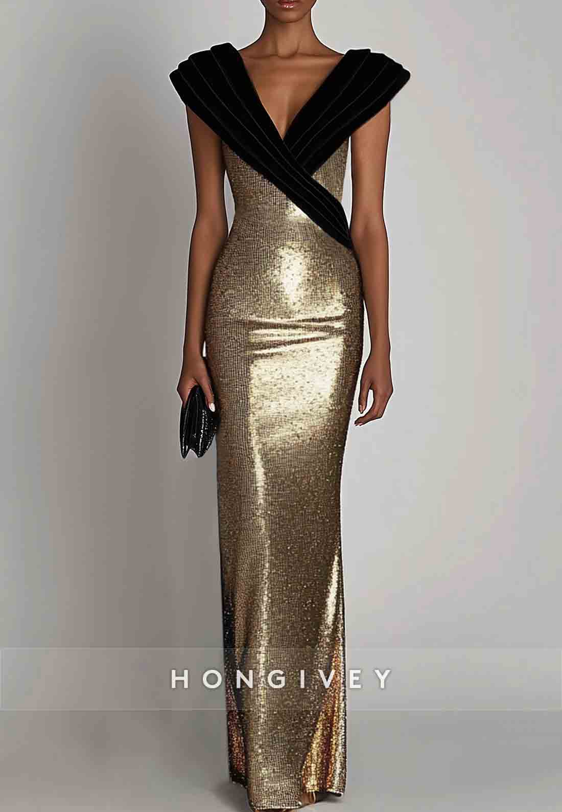 Evening Sequin Dress Black-Gold Cap Sleeves V-Neck Floor-Length Gown