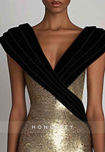 Evening Sequin Dress Black-Gold Cap Sleeves V-Neck Floor-Length Gown