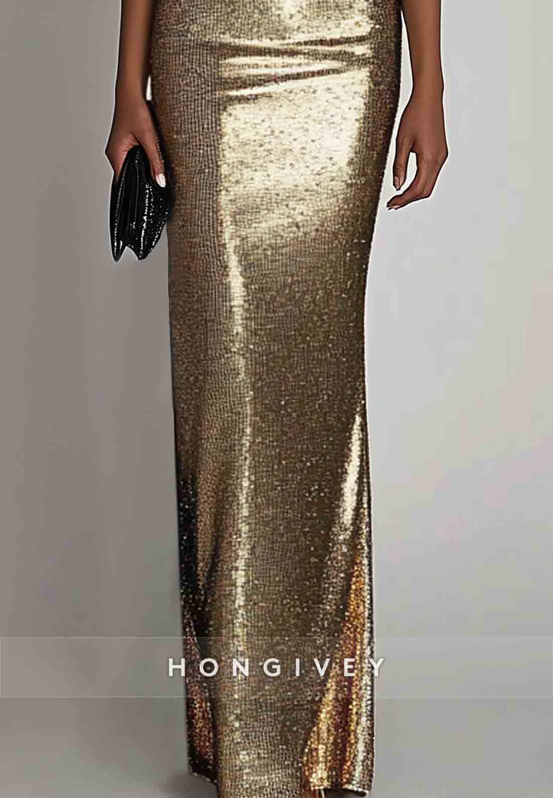 Evening Sequin Dress Black-Gold Cap Sleeves V-Neck Floor-Length Gown