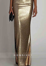 Evening Sequin Dress Black-Gold Cap Sleeves V-Neck Floor-Length Gown