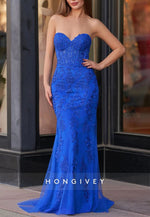 Mermaid Strapless Sweetheart Neck Lace Long Prom Dress With Appliques