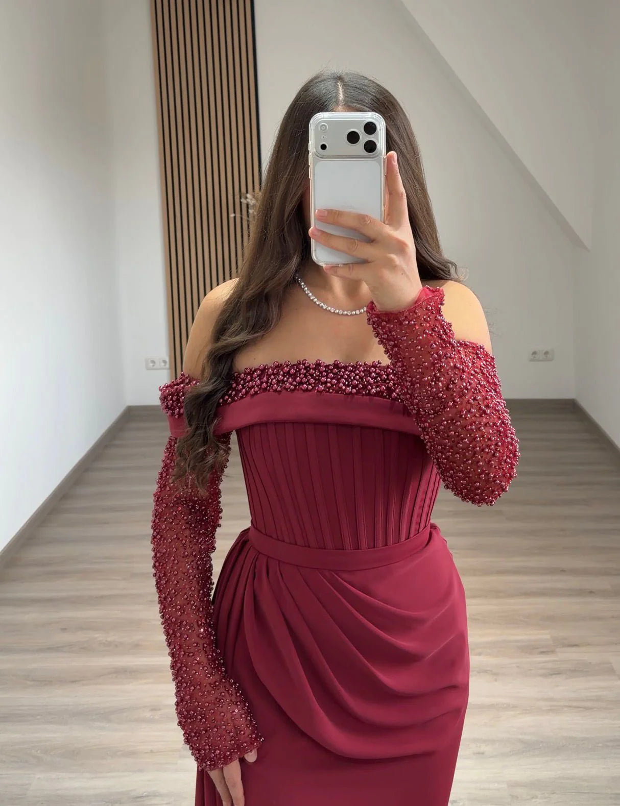 Floor-Length Long Sleeve Pleated Beaded Off the Shoulder Evening Gowns