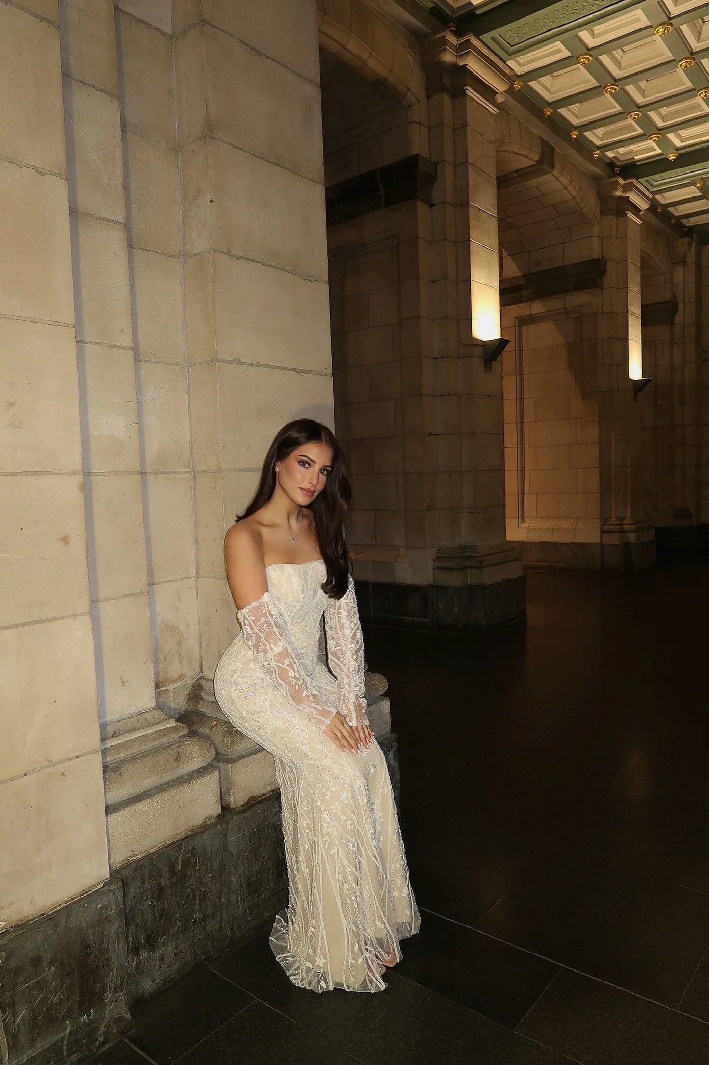 Detachable Lace Long Sleeve Mermaid Sequins Sparkle Evening Dress