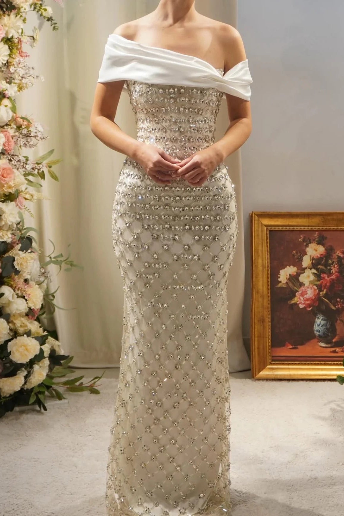Beaded Sparkle Sequins Off the Shoulder Sleeveless Mermaid Evening Dress