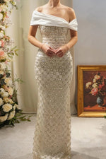 Beaded Sparkle Sequins Off the Shoulder Sleeveless Mermaid Evening Dress