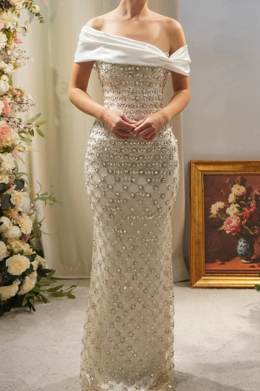 Beaded Sparkle Sequins Off the Shoulder Sleeveless Mermaid Evening Dress