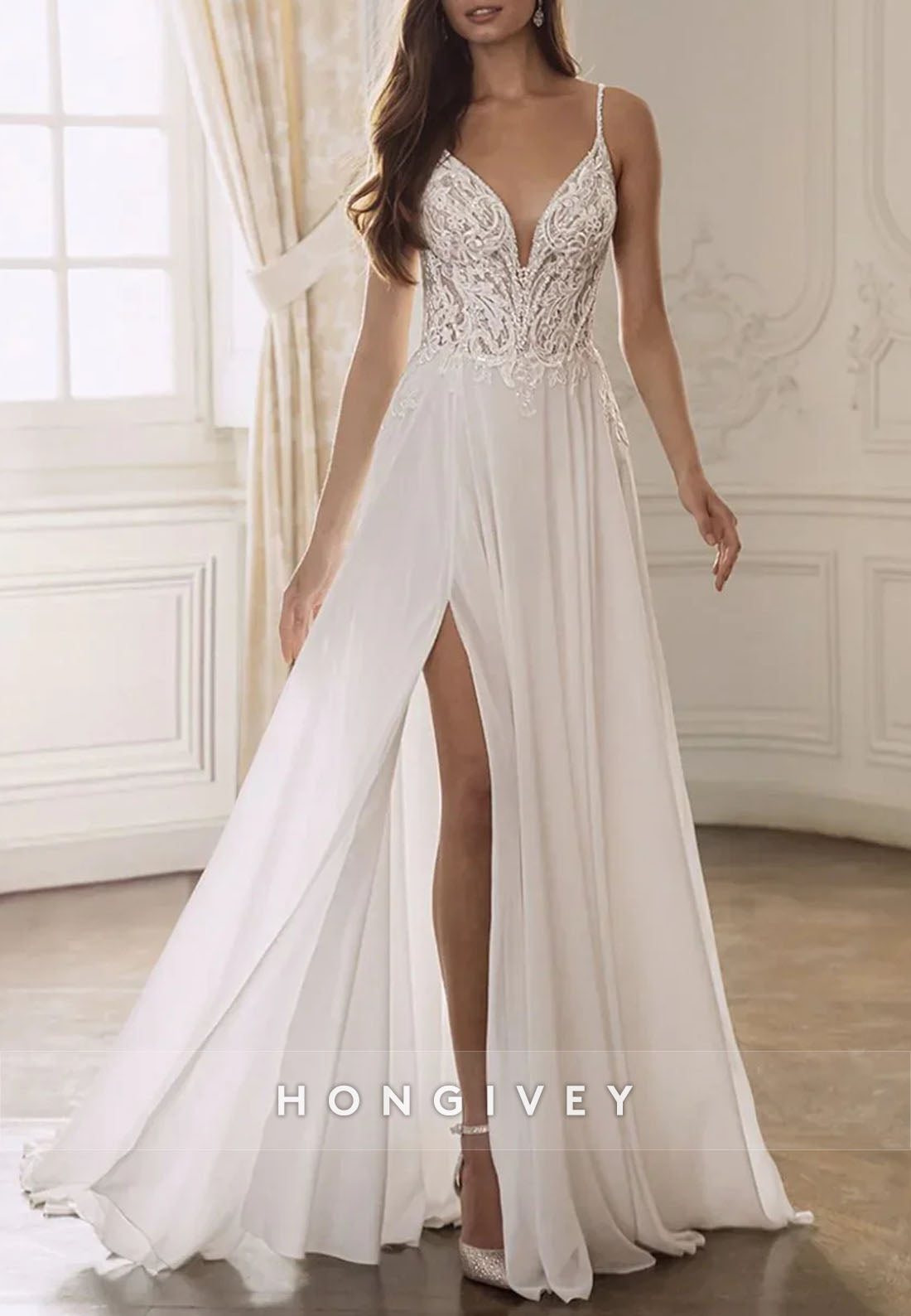 Spaghetti Straps Lace Court Train Wedding Dresses with High Slit