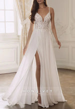 Spaghetti Straps Lace Court Train Wedding Dresses with High Slit