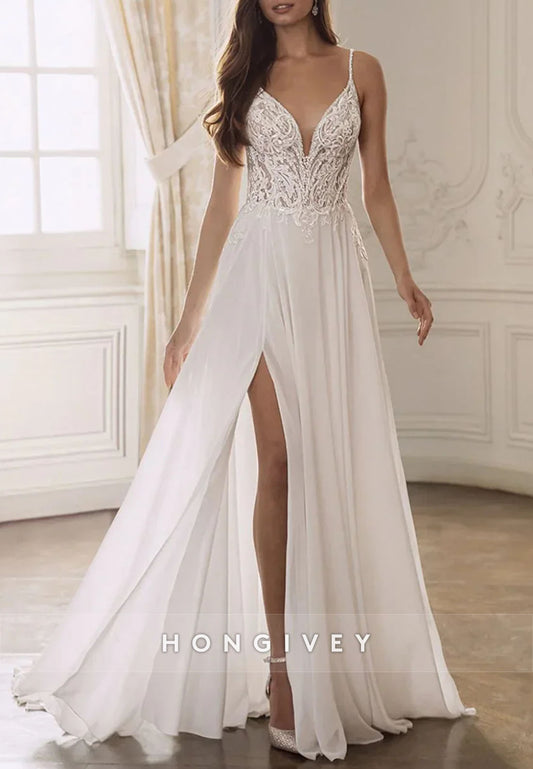 Spaghetti Straps Lace Court Train Wedding Dresses with High Slit