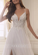 Spaghetti Straps Lace Court Train Wedding Dresses with High Slit