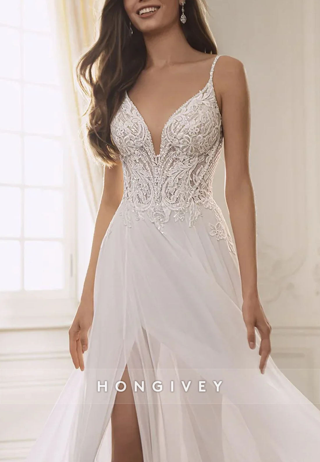 Spaghetti Straps Lace Court Train Wedding Dresses with High Slit