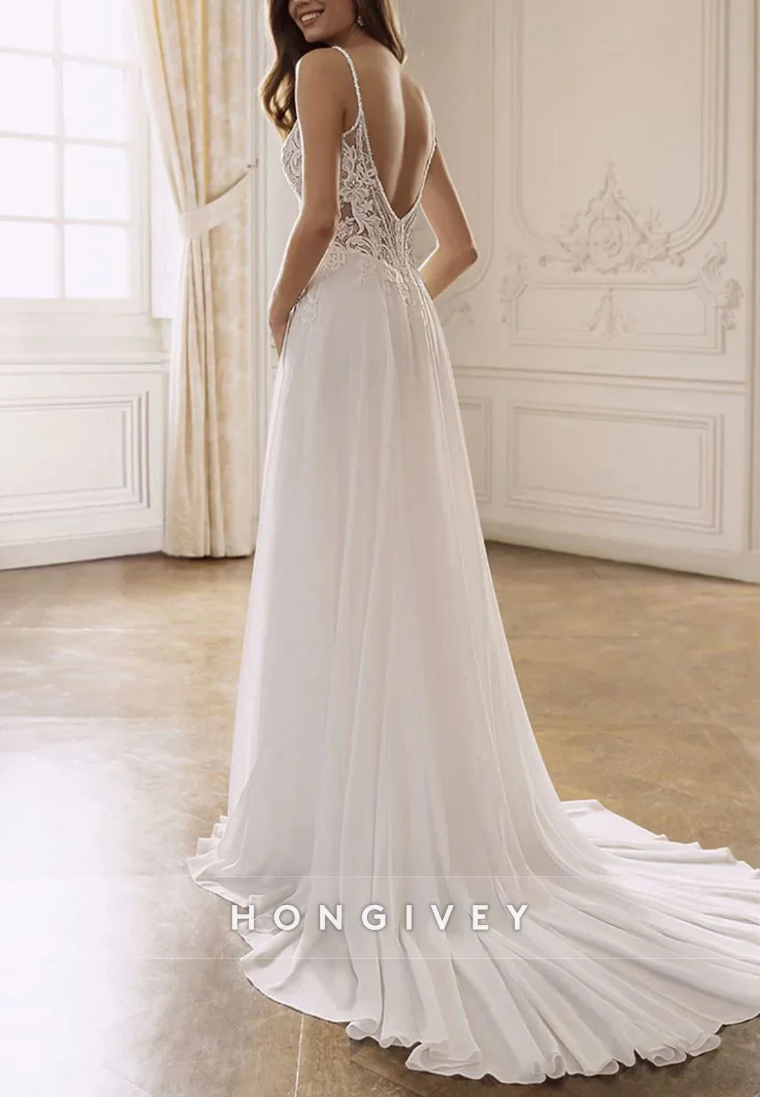 Spaghetti Straps Lace Court Train Wedding Dresses with High Slit