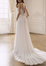 Spaghetti Straps Lace Court Train Wedding Dresses with High Slit